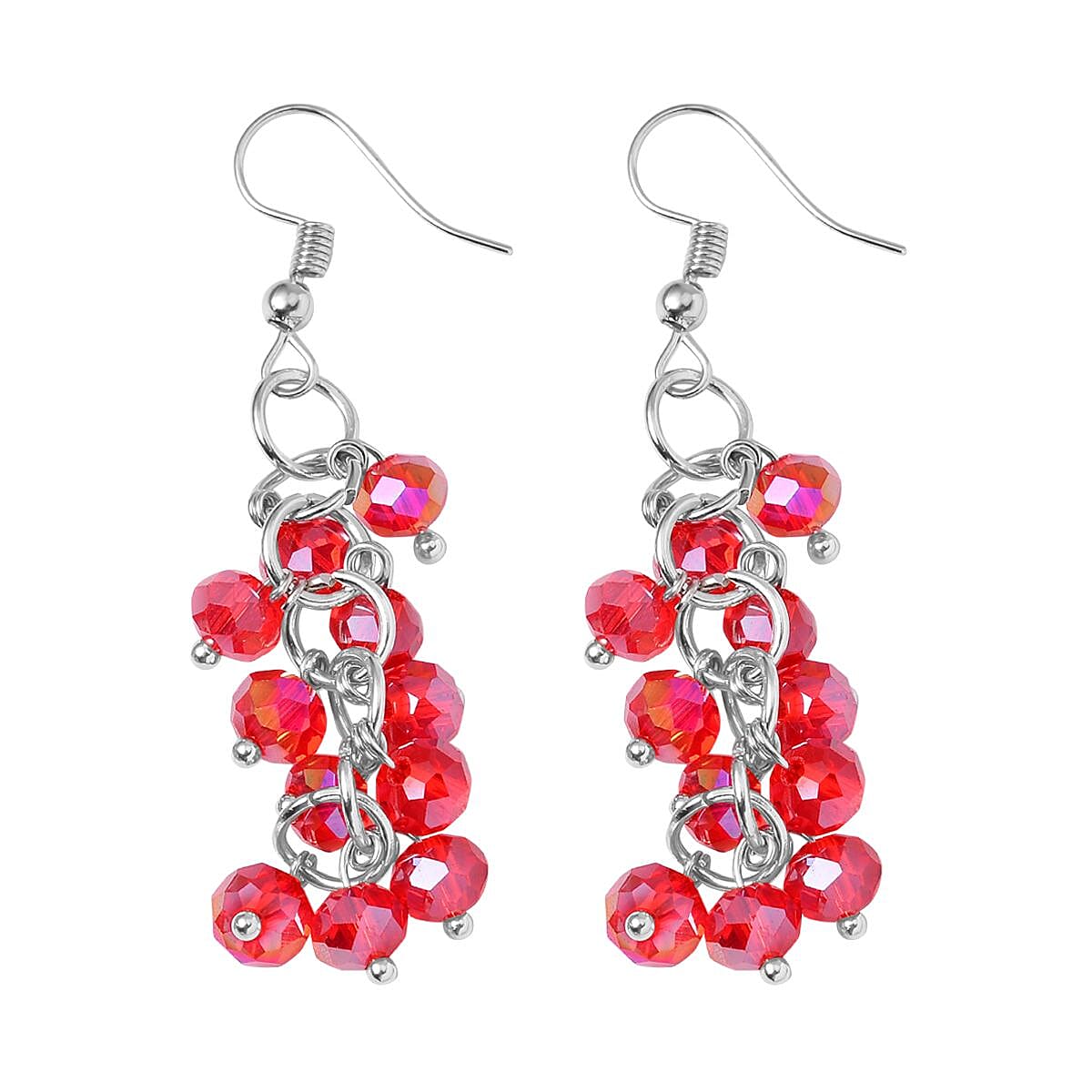 Red Glass, Austrian Crystal 2pcs Multi Wear Necklace 16 & 18 Inches and Earrings in Silvertone