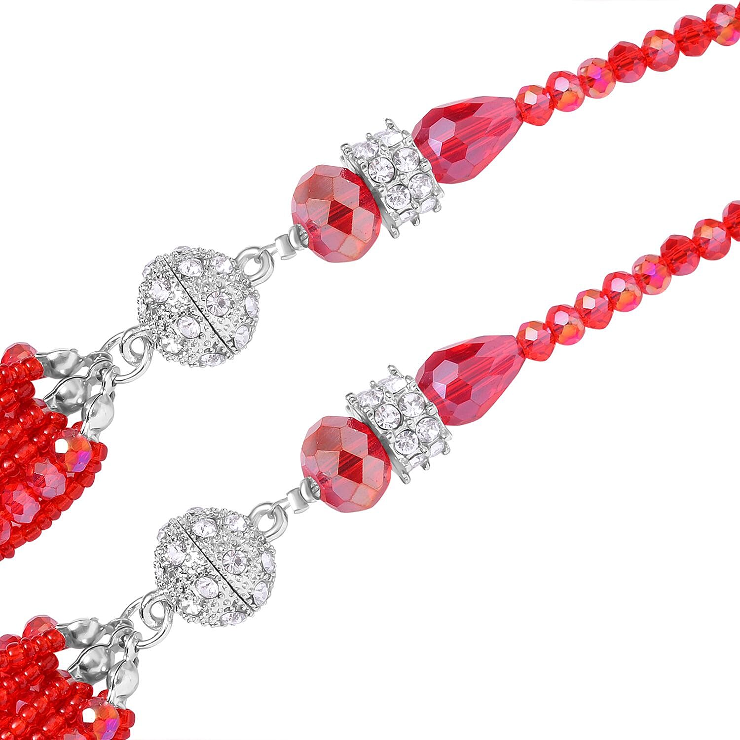 Red Glass, Austrian Crystal 2pcs Multi Wear Necklace 16 & 18 Inches and Earrings in Silvertone