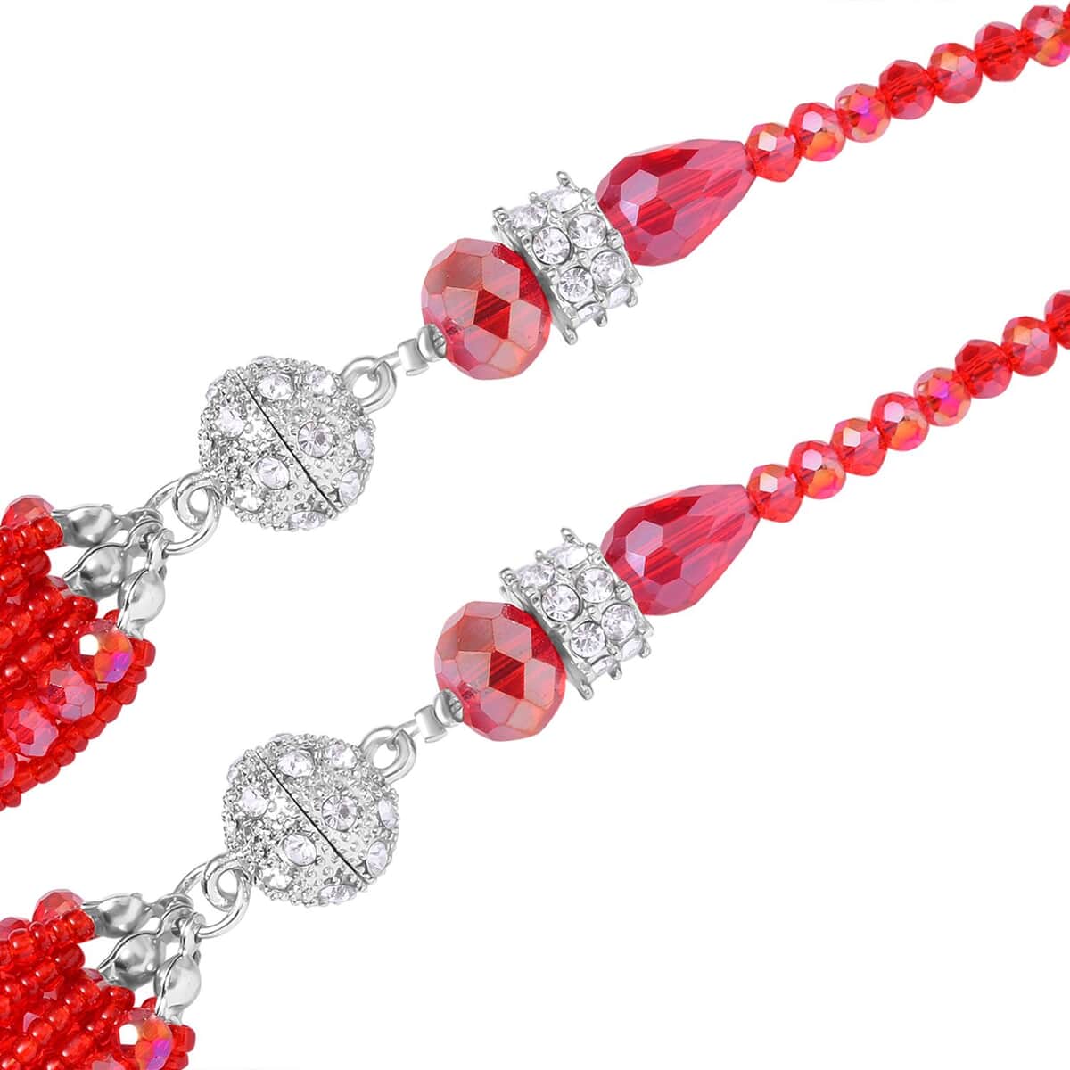 Red Glass, Austrian Crystal Set of 2 Necklace 16 & 18 Inches and Earrings in Silvertone image number 3