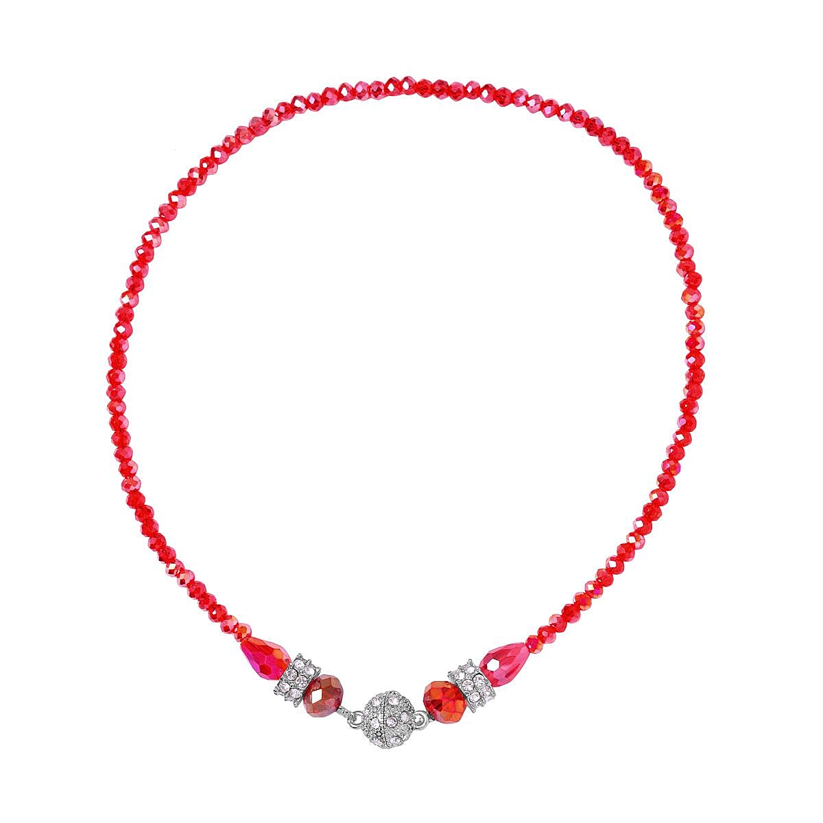 Red Glass, Austrian Crystal 2pcs Multi Wear Necklace 16 & 18 Inches and Earrings in Silvertone