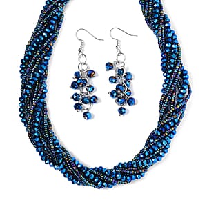 Blue Magic Color Glass and Austrian Crystal 2pcs Multi Wear Necklace 16 & 18 Inches and Earrings in Silvertone