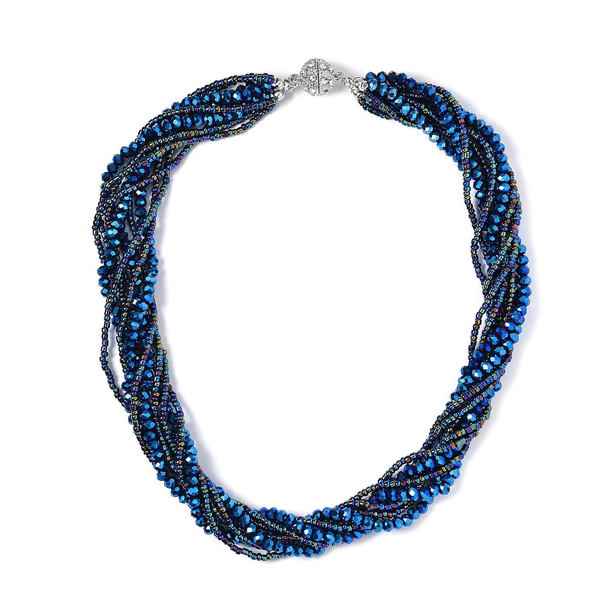 Blue Magic Color Glass and Austrian Crystal 2pcs Multi Wear Necklace 16 & 18 Inches and Earrings in Silvertone image number 2