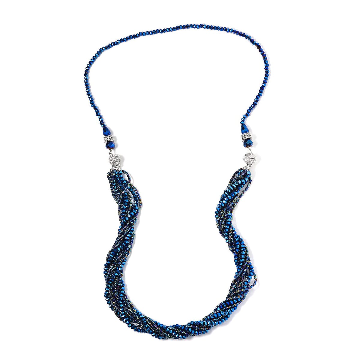 Blue Magic Color Glass and Austrian Crystal 2pcs Multi Wear Necklace 16 & 18 Inches and Earrings in Silvertone image number 4