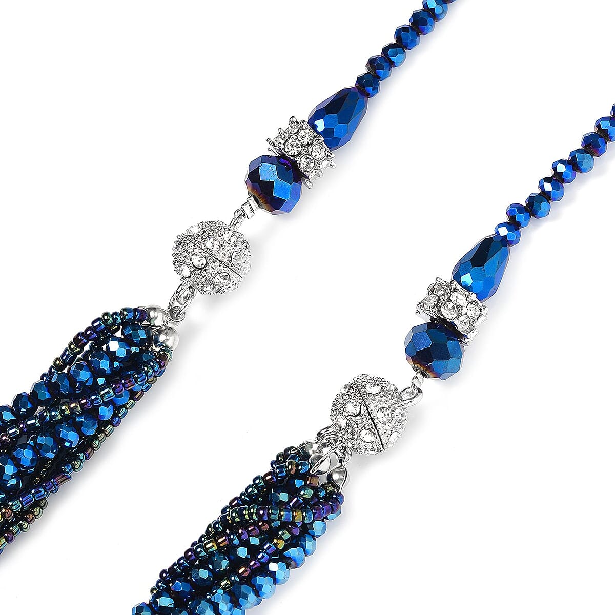 Blue Magic Color Glass and Austrian Crystal 2pcs Multi Wear Necklace 16 & 18 Inches and Earrings in Silvertone image number 5