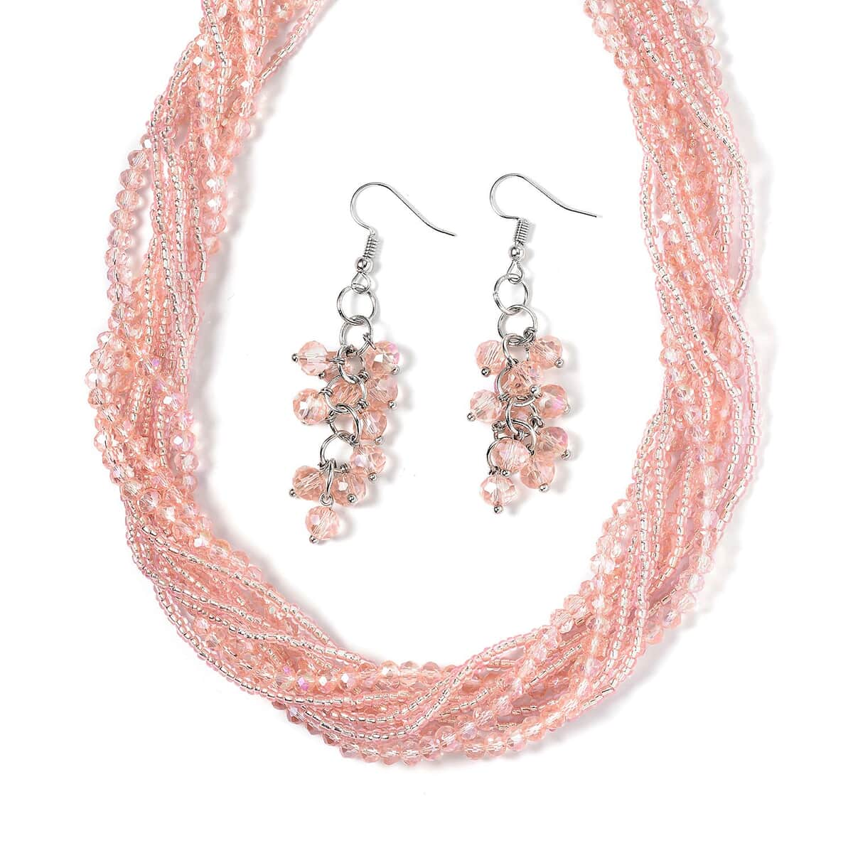 Pink Color Glass and Austrian Crystal Set of 2 Necklace and Earrings in Silvertone 16 & 18 Inches image number 0