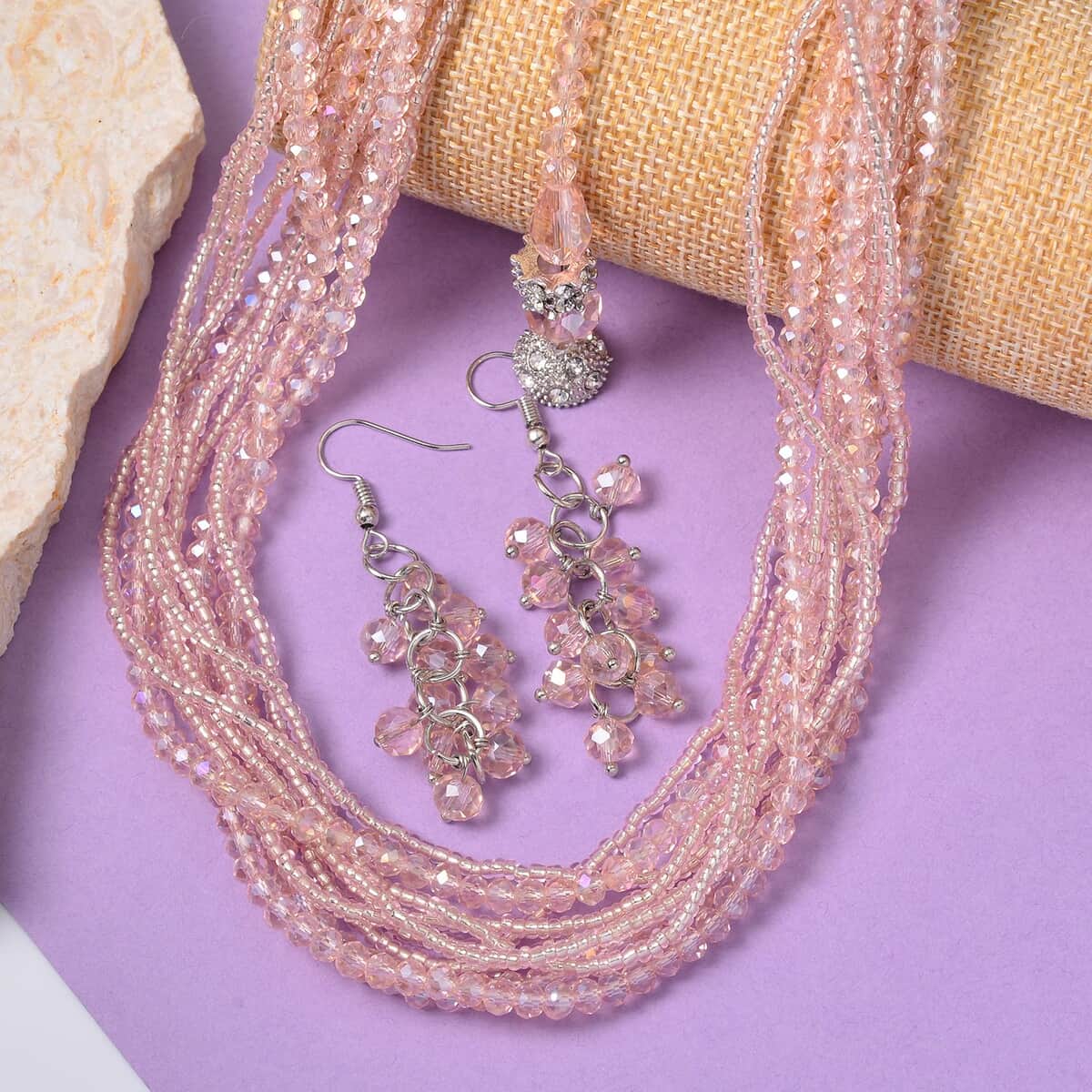 Pink Color Glass and Austrian Crystal Set of 2 Necklace and Earrings in Silvertone 16 & 18 Inches image number 1