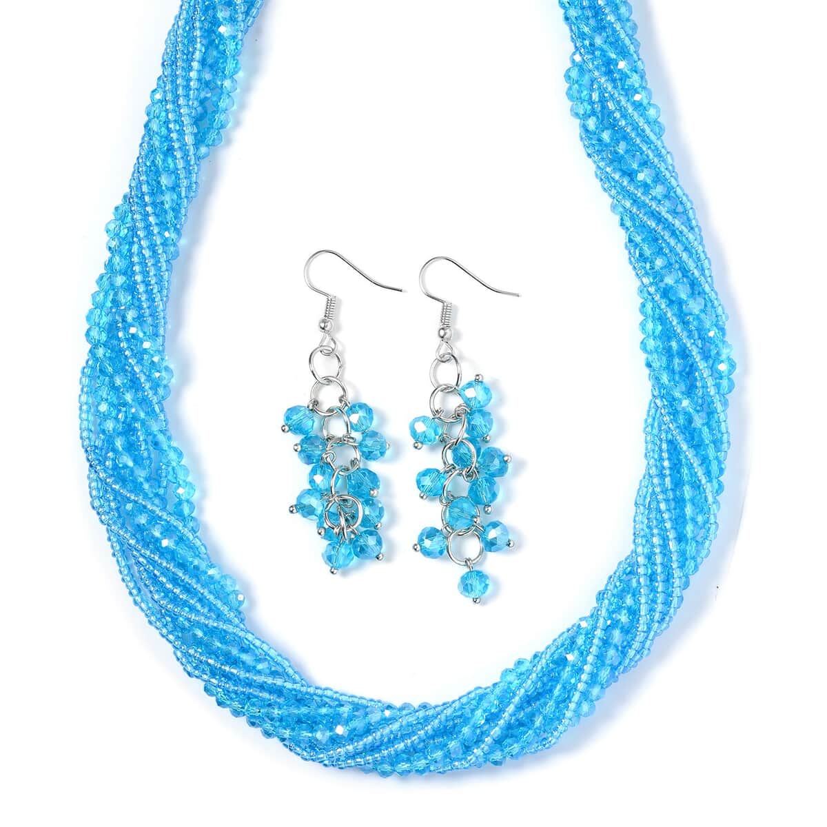 Blue Color Glass and Austrian Crystal Set of 2 Necklace and Earrings in Silvertone 16 & 18 Inches image number 0