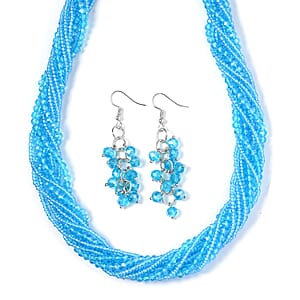 Blue Color Glass and Austrian Crystal 2pcs Multi Wear Necklace and Earrings in Silvertone 16 & 18 Inches