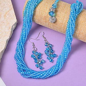Blue Color Glass and Austrian Crystal 2pcs Multi Wear Necklace and Earrings in Silvertone 16 & 18 Inches