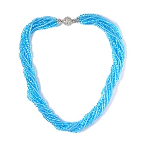 Blue Color Glass and Austrian Crystal 2pcs Multi Wear Necklace and Earrings in Silvertone 16 & 18 Inches