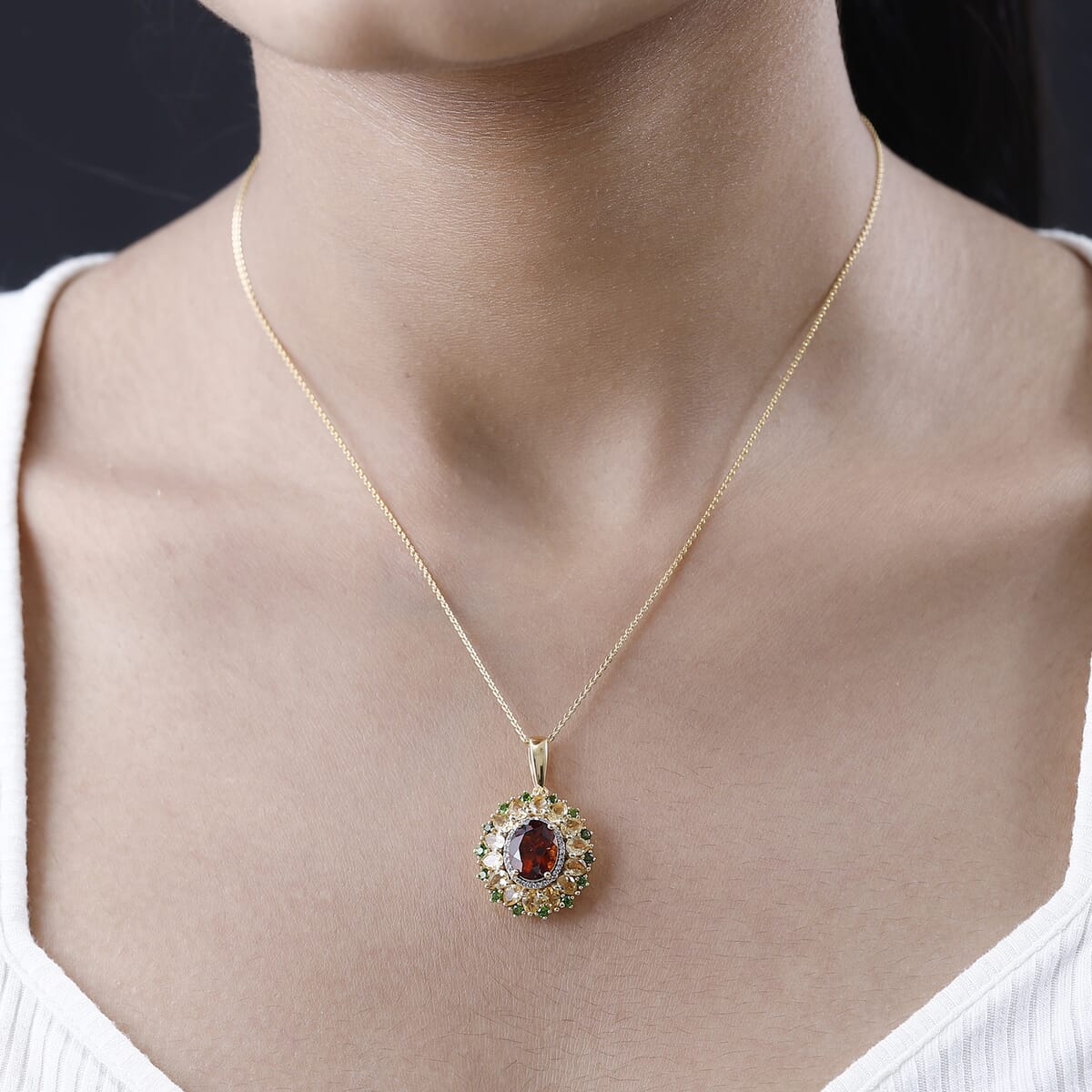 Premium Santa Ana Madeira Citrine and Multi Gemstone Floral Pendant Necklace 20 Inches in Vermeil Yellow Gold Over Sterling Silver 6.00 ctw image number 2