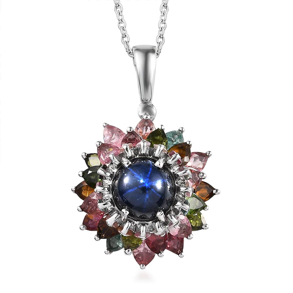 Blue Star Sapphire (DF) and Multi-Tourmaline Floral Pendant Necklace 20 Inches in Platinum Over Sterling Silver 7.40 ctw image number 0