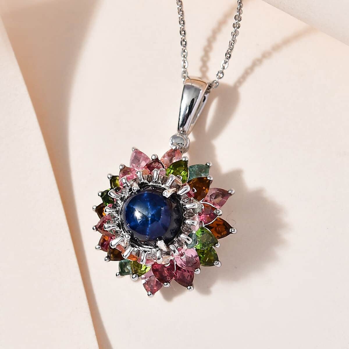 Blue Star Sapphire (DF) and Multi-Tourmaline Floral Pendant Necklace 20 Inches in Platinum Over Sterling Silver 7.40 ctw image number 1