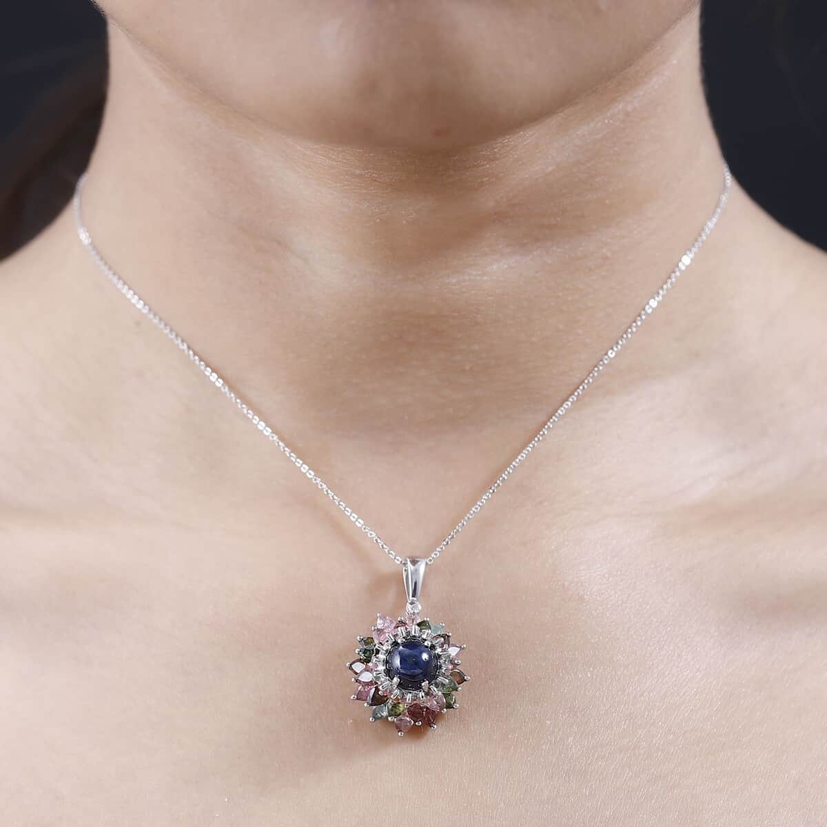 Blue Star Sapphire (DF) and Multi-Tourmaline Floral Pendant Necklace 20 Inches in Platinum Over Sterling Silver 7.40 ctw image number 2