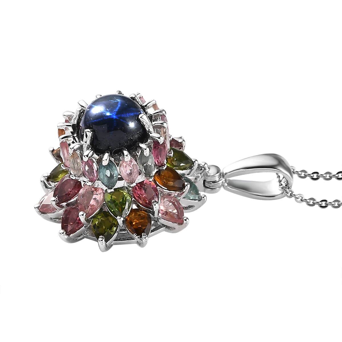 Blue Star Sapphire (DF) and Multi-Tourmaline Floral Pendant Necklace 20 Inches in Platinum Over Sterling Silver 7.40 ctw image number 3