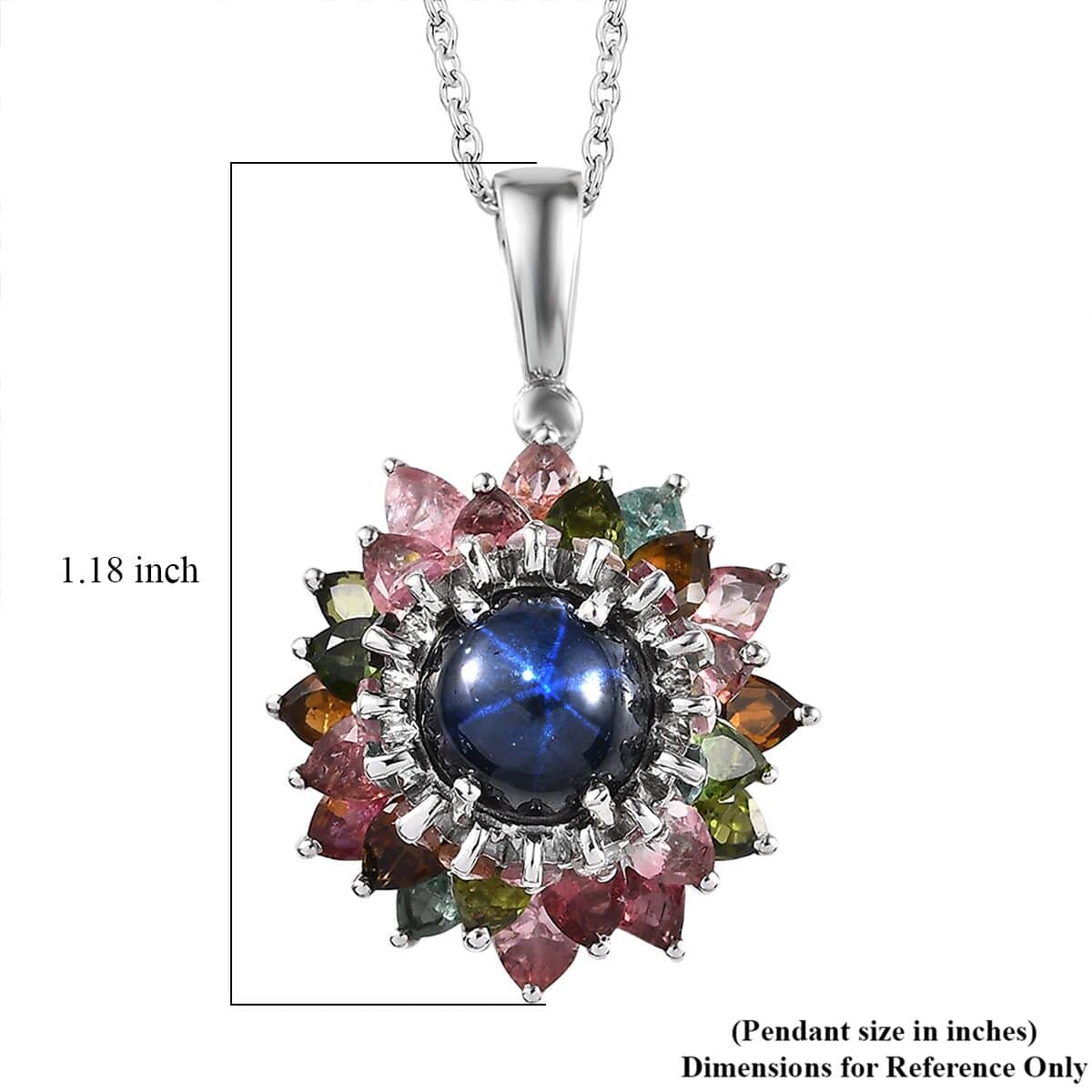 Blue Star Sapphire (DF) and Multi-Tourmaline Floral Pendant Necklace 20 Inches in Platinum Over Sterling Silver 7.40 ctw image number 5