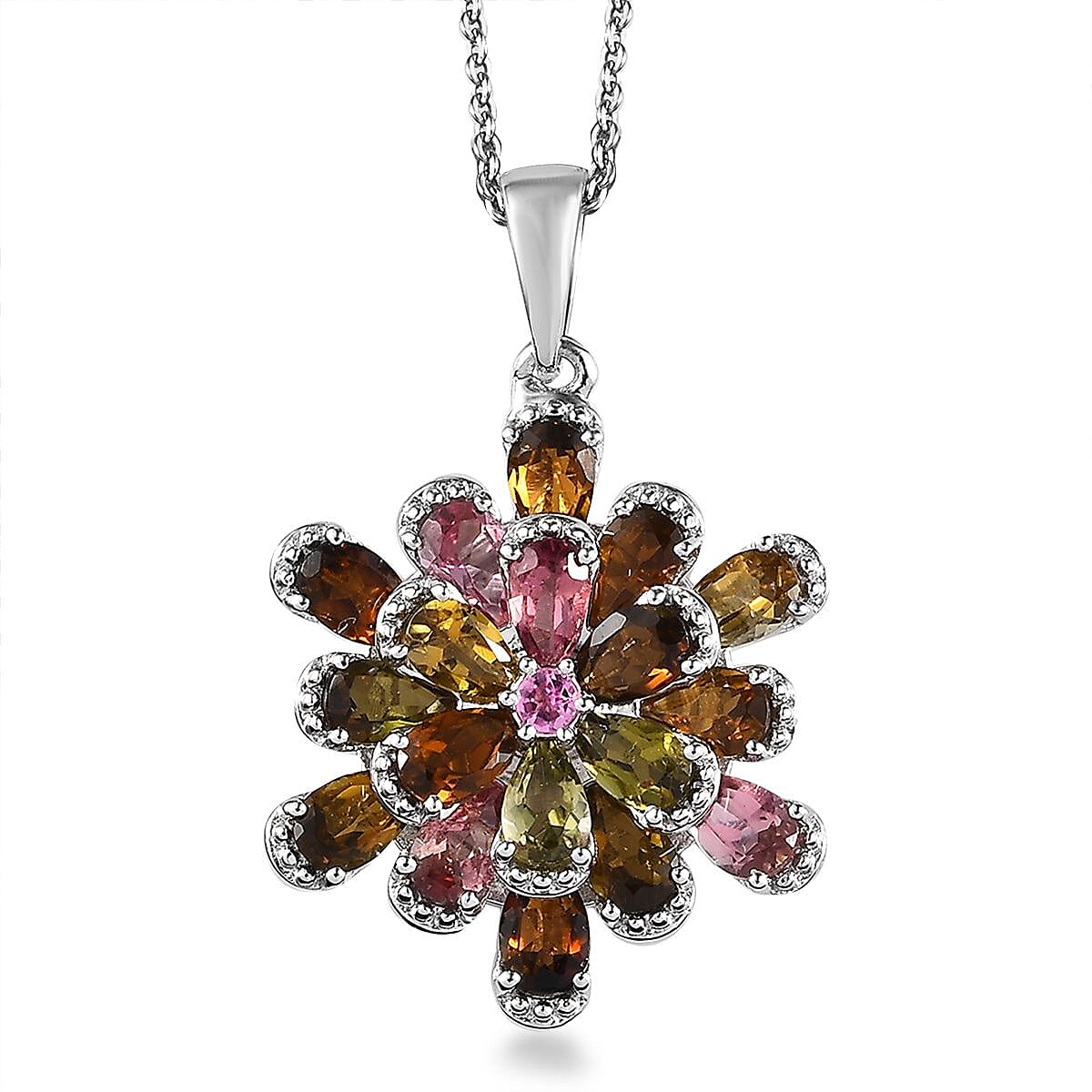 Multi-Tourmaline Floral Pendant Necklace 20 Inches in Flower Platinum Over Sterling Silver 3.50 ctw
