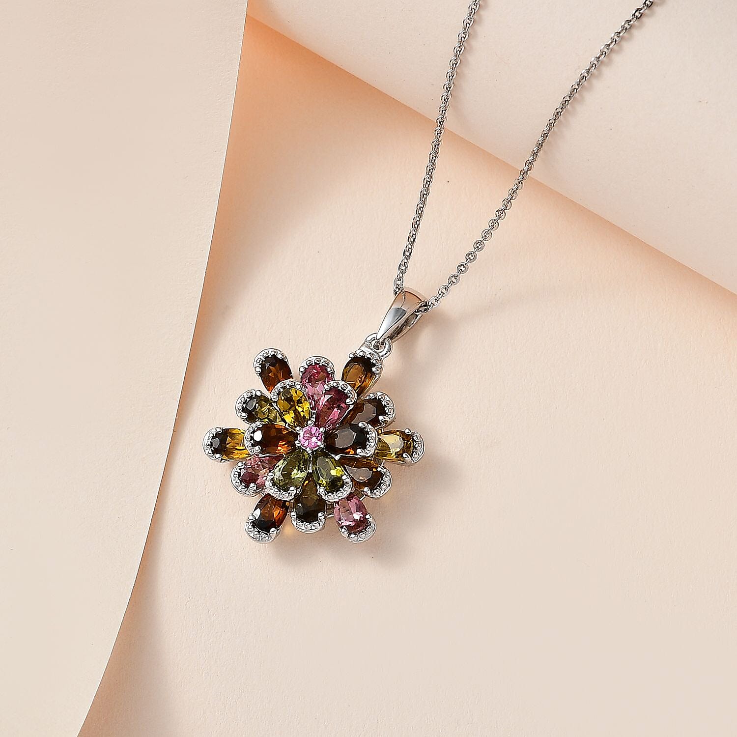 Multi-Tourmaline Floral Pendant Necklace 20 Inches in Flower Platinum Over Sterling Silver 3.50 ctw