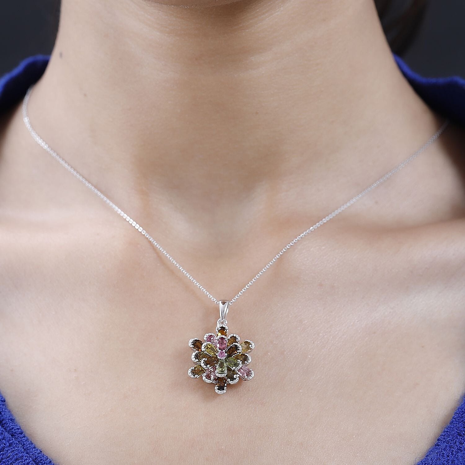 Multi-Tourmaline Floral Pendant Necklace 20 Inches in Flower Platinum Over Sterling Silver 3.50 ctw