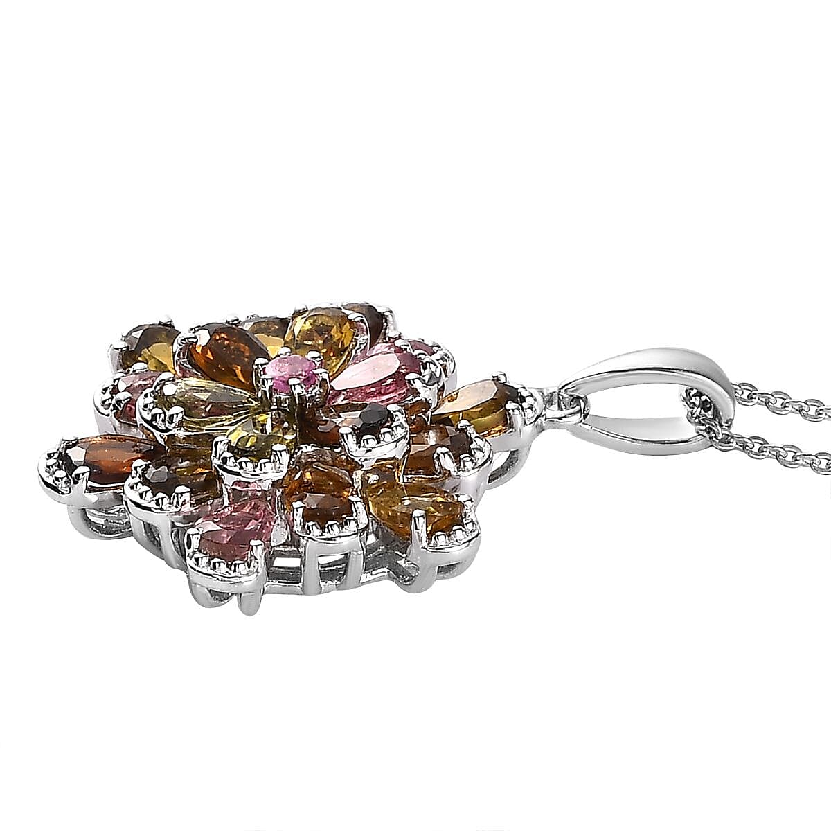 Multi-Tourmaline Floral Pendant Necklace 20 Inches in Flower Platinum Over Sterling Silver 3.50 ctw