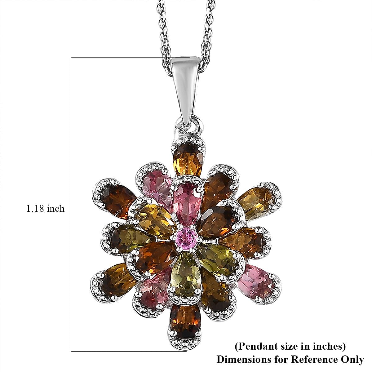 Multi-Tourmaline Floral Pendant Necklace 20 Inches in Flower Platinum Over Sterling Silver 3.50 ctw