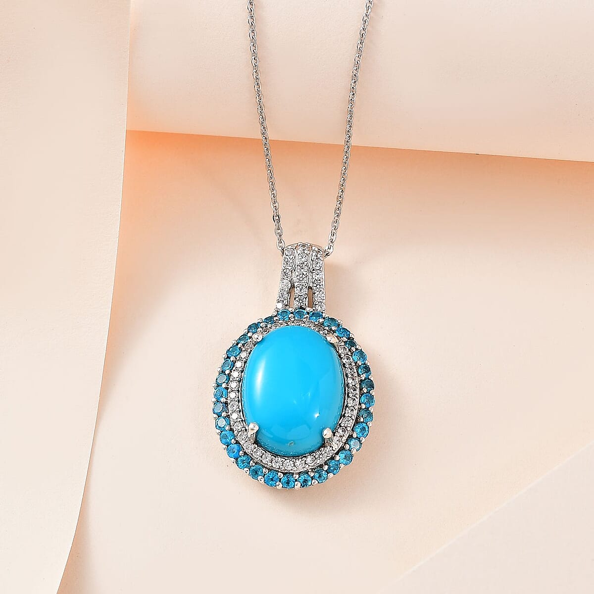 Premium Sleeping Beauty Turquoise and Multi Gemstone Double Halo Pendant Necklace 20 Inches in Platinum Over Sterling Silver 7.85 ctw image number 1