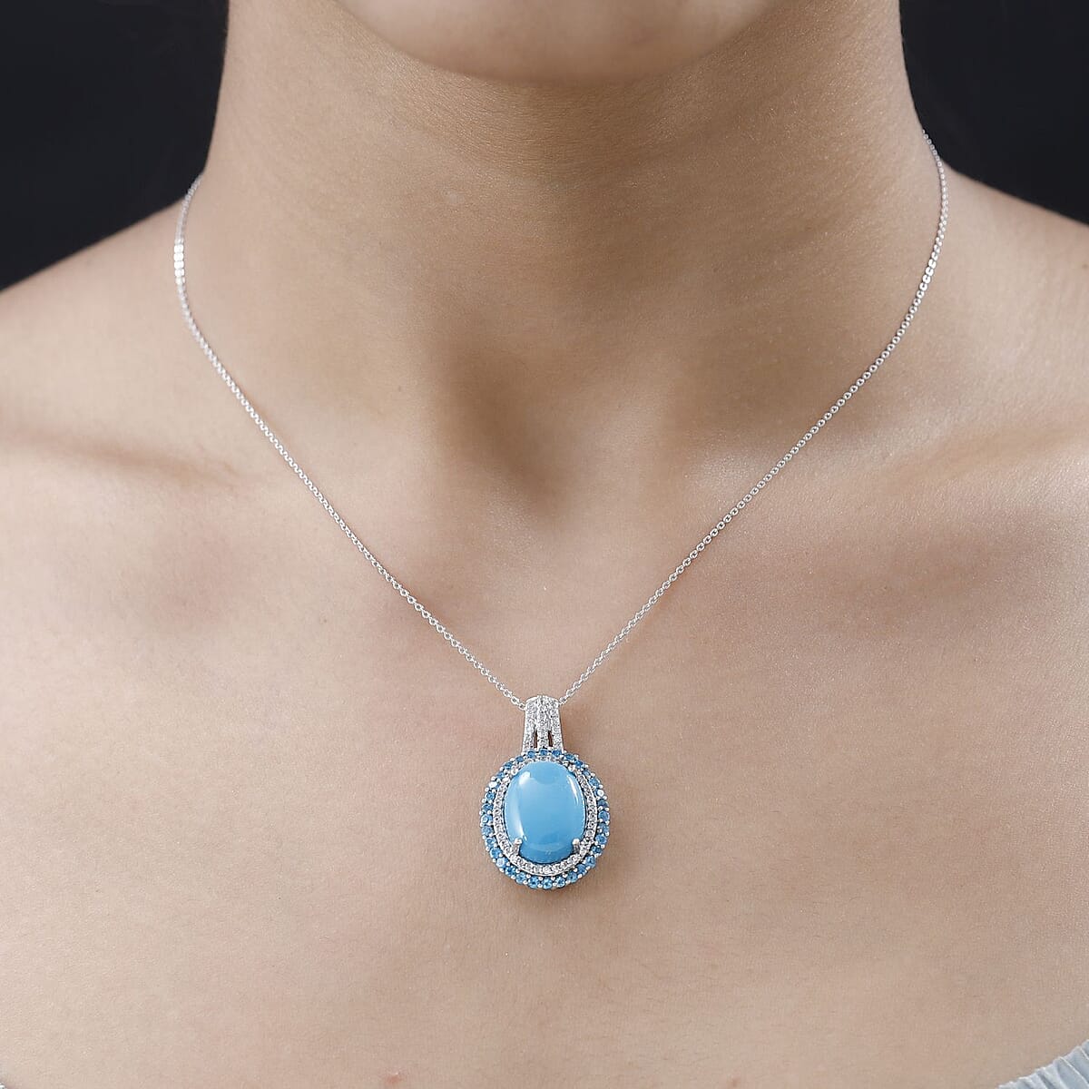 Premium Sleeping Beauty Turquoise and Multi Gemstone Double Halo Pendant Necklace 20 Inches in Platinum Over Sterling Silver 7.85 ctw image number 2