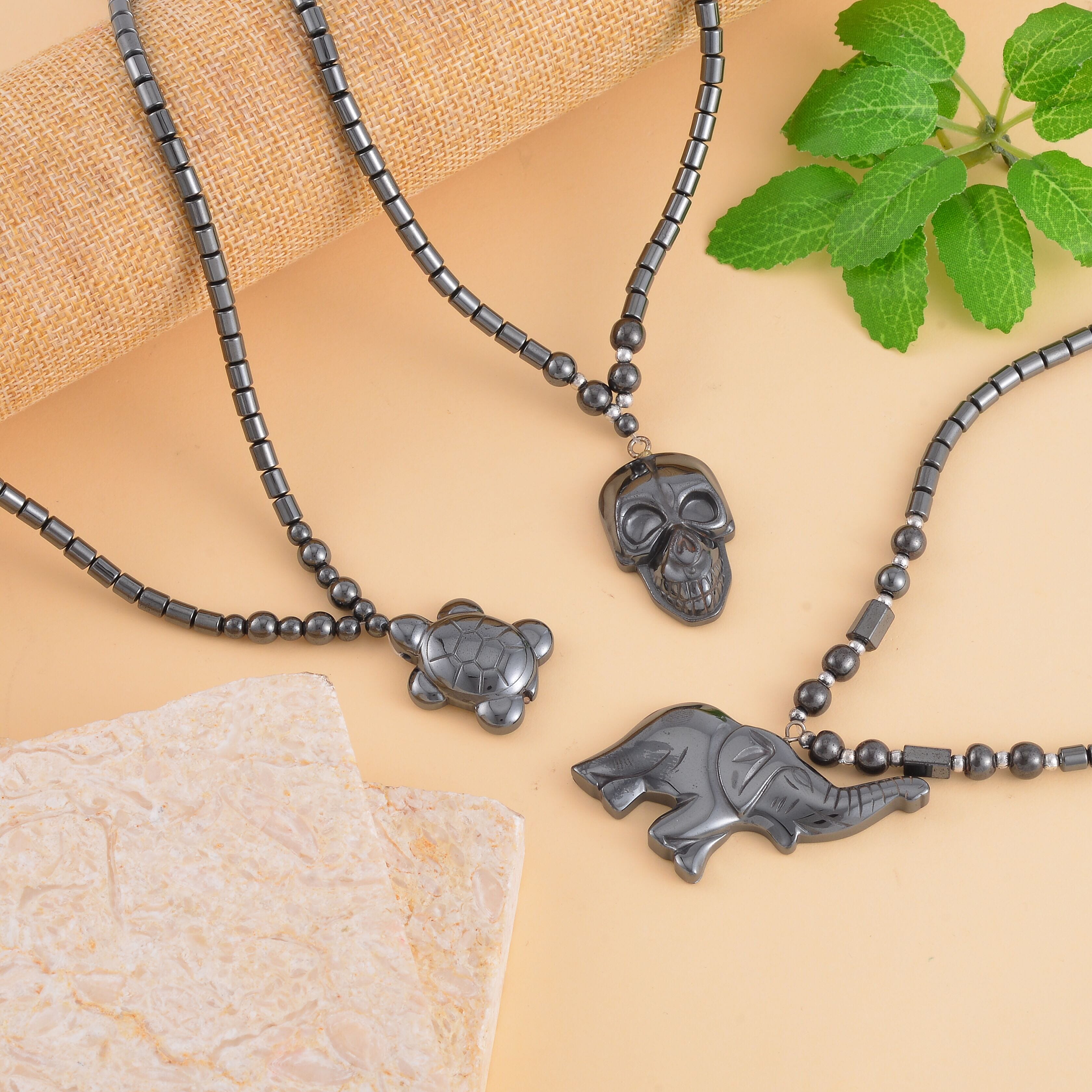 Resin, Hematite Beaded Set of 3 Halloween Skull, Elephant & Turtle Pendant Necklace (20-22 Inches) in Silvertone 527.00 ctw