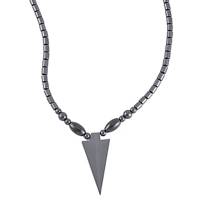 Resin and Hematite Beaded Set of 3 Bull Head Skull, Lion & Arrow Head Pendant Necklace 20-22 Inches in Silvertone 525.00 ctw
