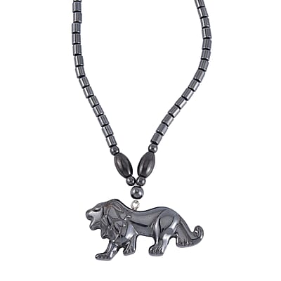 Resin and Hematite Beaded Set of 3 Bull Head Skull, Lion & Arrow Head Pendant Necklace 20-22 Inches in Silvertone 525.00 ctw