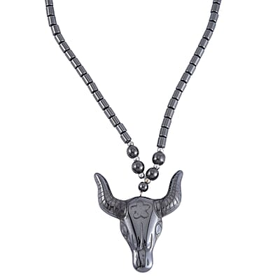 Resin and Hematite Beaded Set of 3 Bull Head Skull, Lion & Arrow Head Pendant Necklace 20-22 Inches in Silvertone 525.00 ctw