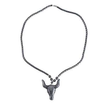 Resin and Hematite Beaded Set of 3 Bull Head Skull, Lion & Arrow Head Pendant Necklace 20-22 Inches in Silvertone 525.00 ctw