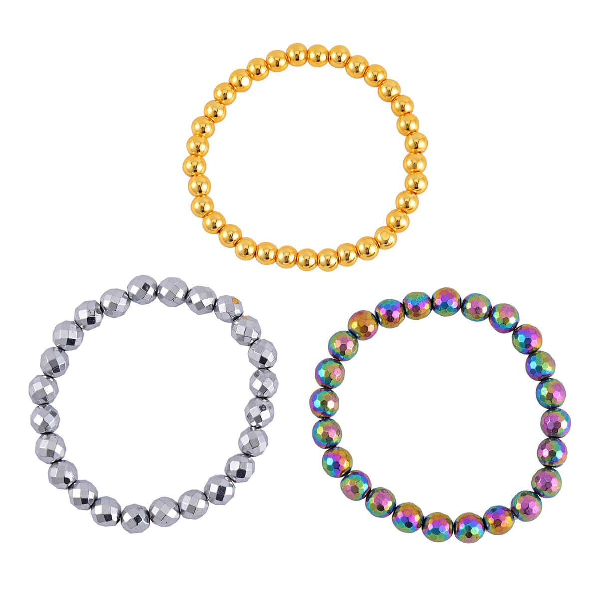 Set of 3 Magic, Silver and Yellow Gold Plated Hematite Beaded Stretch Bracelet 413.00 ctw image number 0