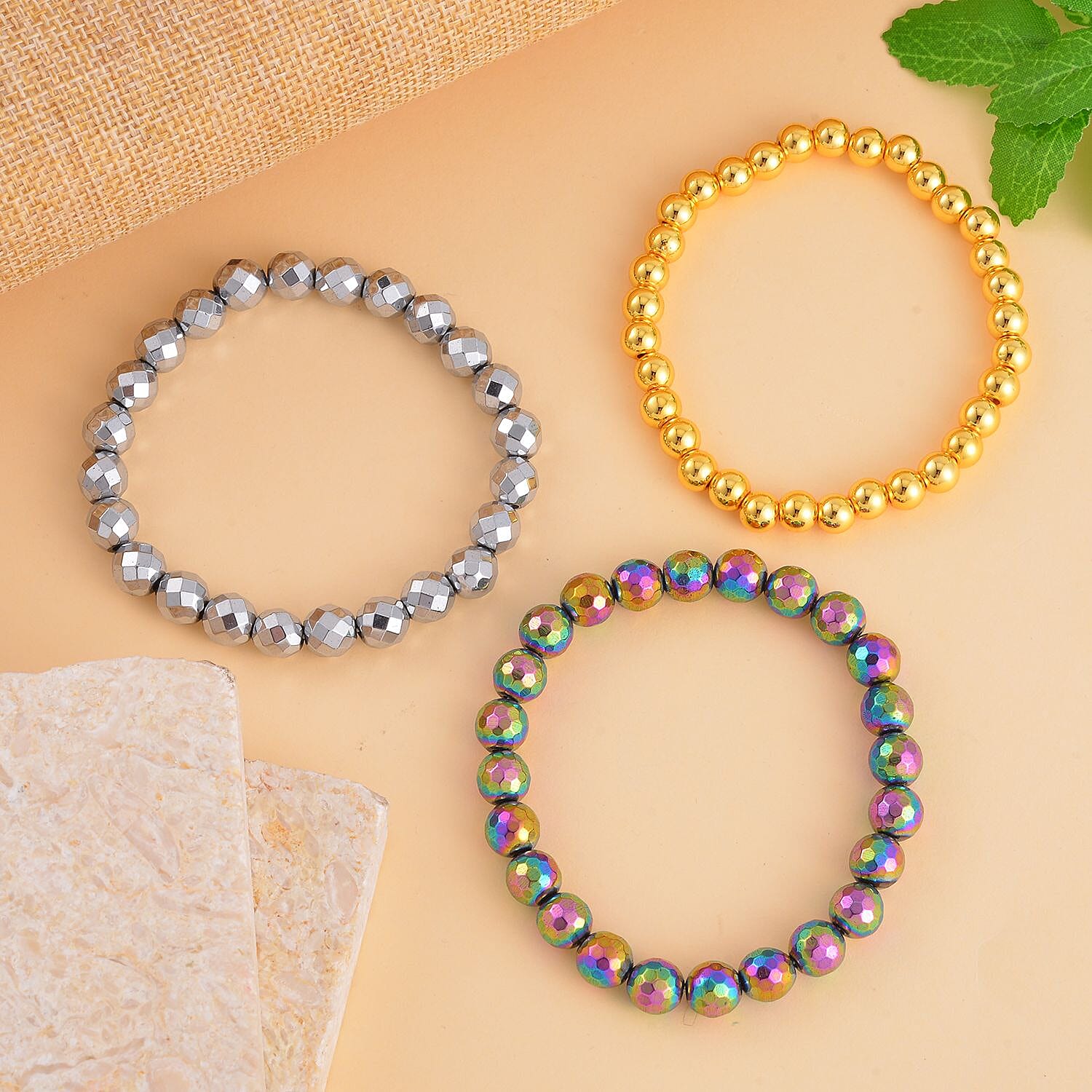 Set of 3 Magic, Silver and Yellow Gold Plated Hematite Beaded Stretch Bracelet 413.00 ctw