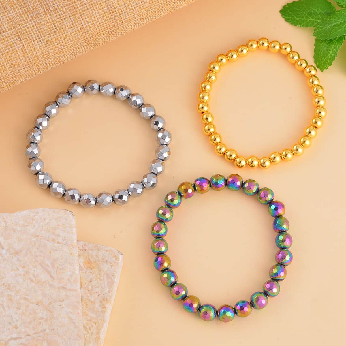 Set of 3 Magic, Silver and Yellow Gold Plated Hematite Beaded Stretch Bracelet 413.00 ctw image number 1