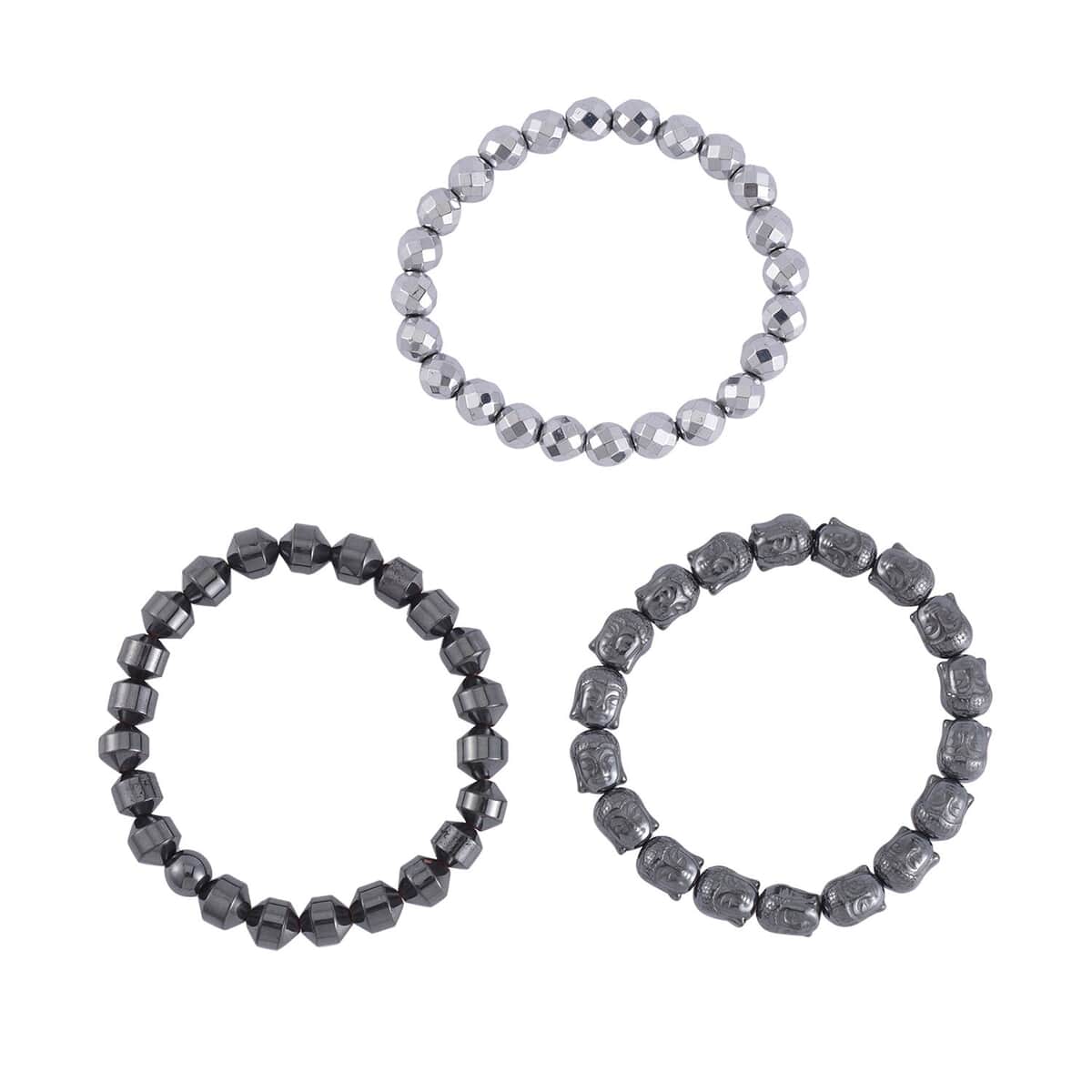 Set of 3 Silver, Black and Gun Color Hematite Beaded Stretch Bracelet 495.00 ctw image number 0