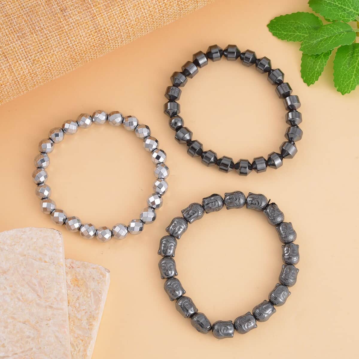 Set of 3 Silver, Black and Gun Color Hematite Beaded Stretch Bracelet 495.00 ctw image number 1