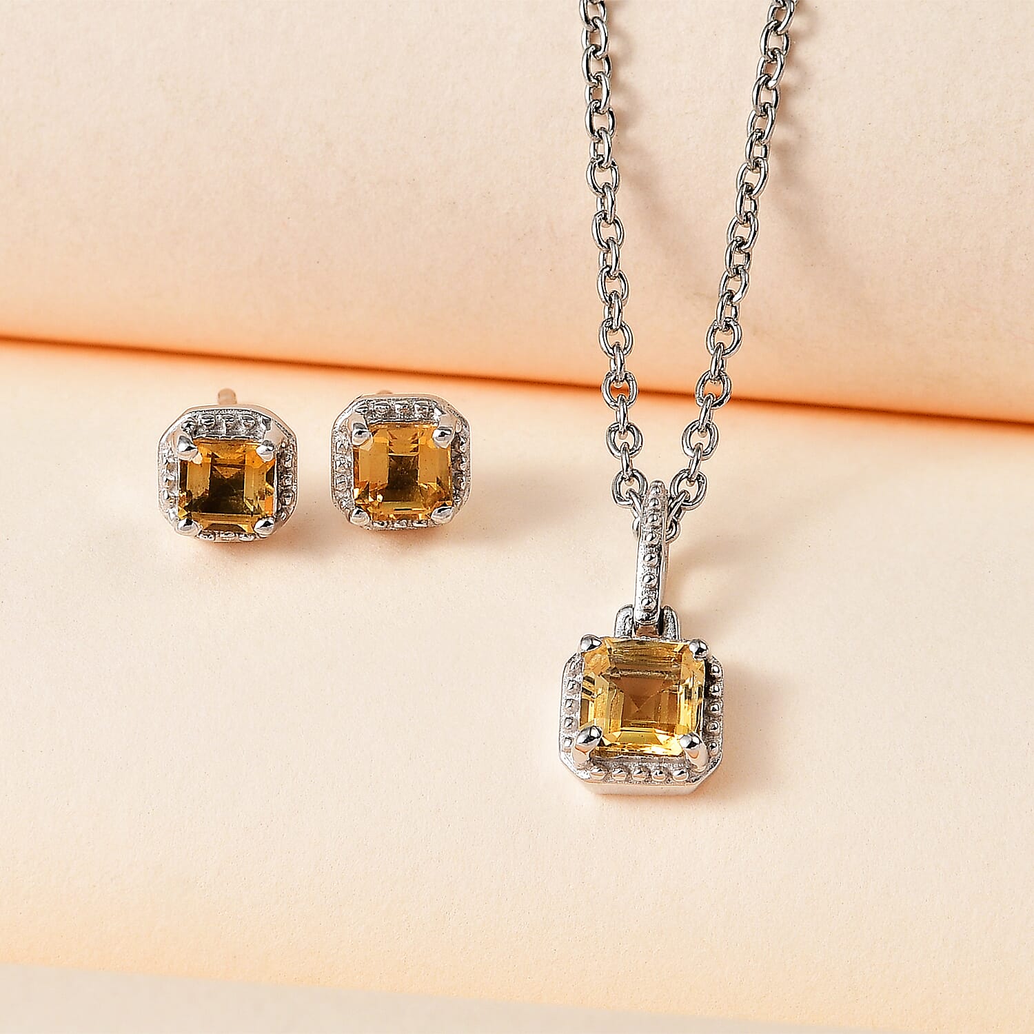 Brazilian Citrine Earrings and Pendant in Platinum Over Sterling Silver with Stainless Steel Necklace 20 Inches 1.10 ctw