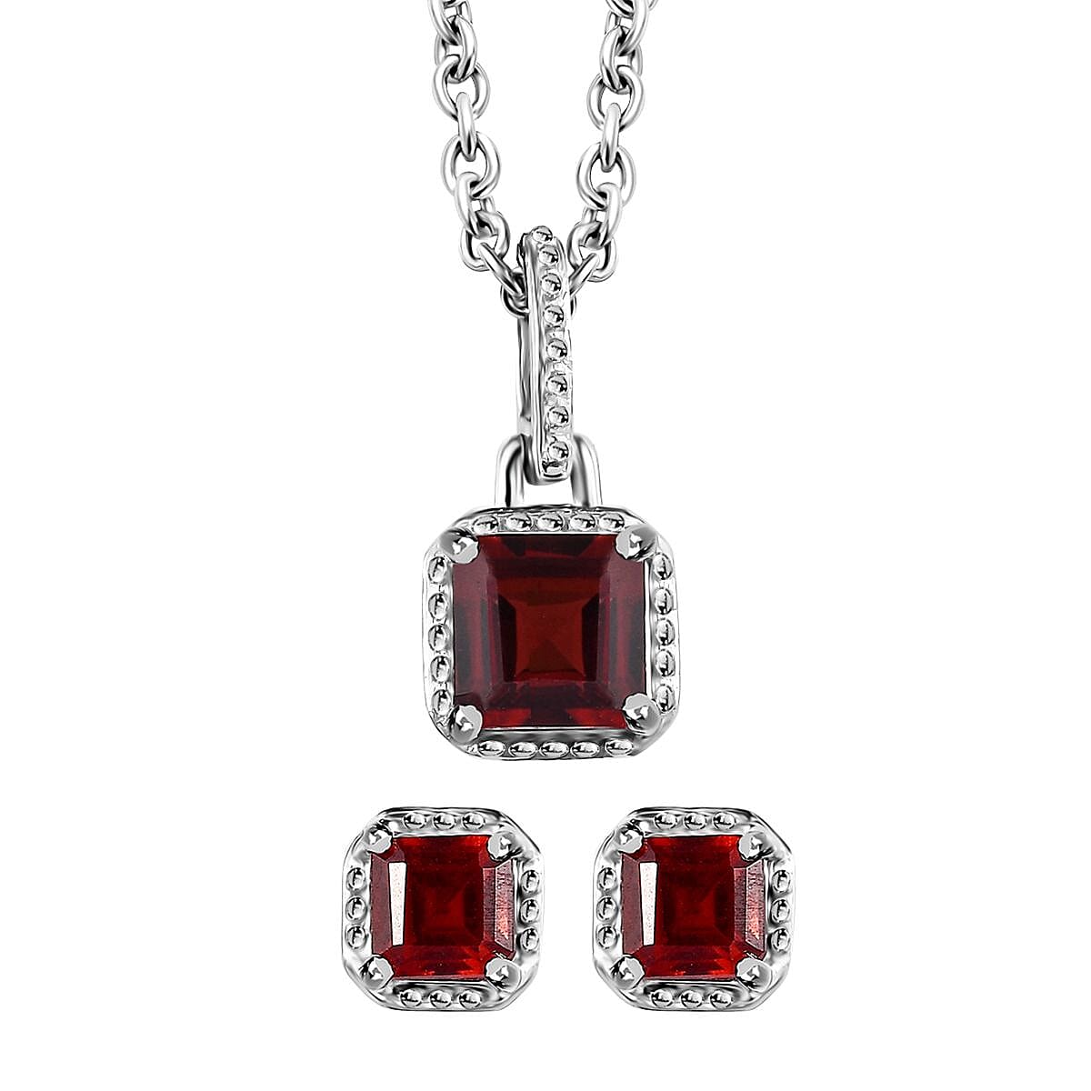 Mozambique Garnet Earrings and Pendant Necklace 20 Inches in Platinum Over Sterling Silver 1.75 ctw