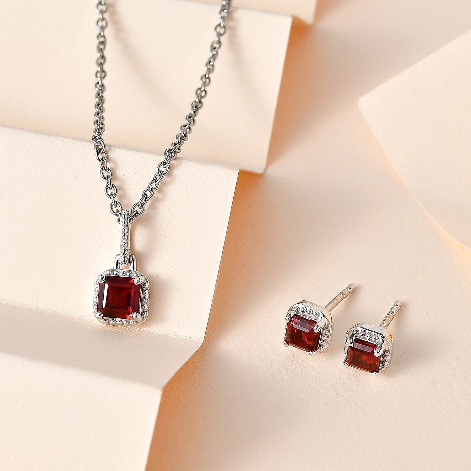Mozambique Garnet Earrings and Pendant Necklace 20 Inches in Platinum Over Sterling Silver 1.75 ctw
