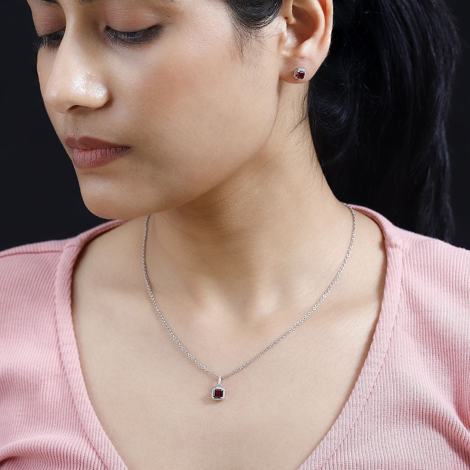 Mozambique Garnet Earrings and Pendant Necklace 20 Inches in Platinum Over Sterling Silver 1.75 ctw