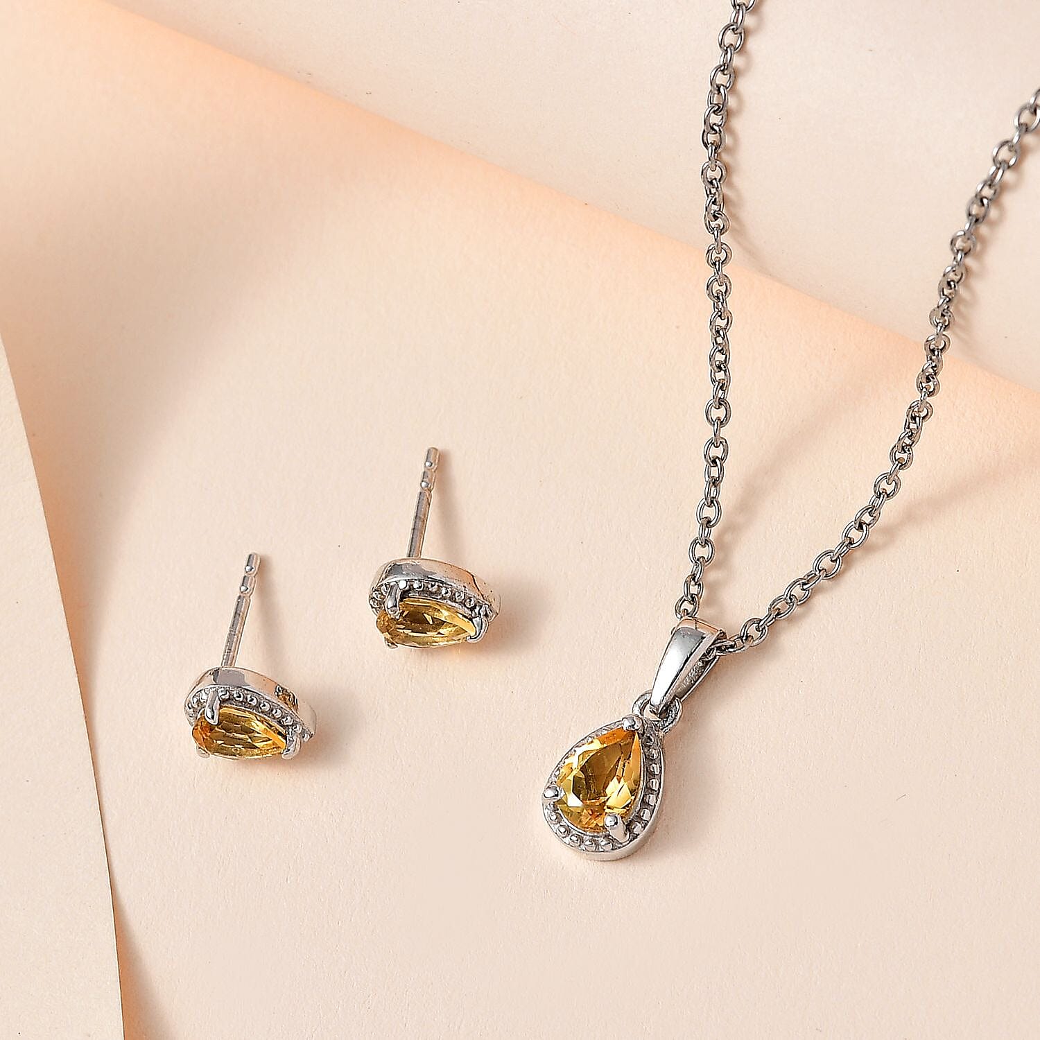 Brazilian Citrine Earrings and Pendant Necklace 20 Inches in Platinum Over Sterling Silver 1.35 ctw