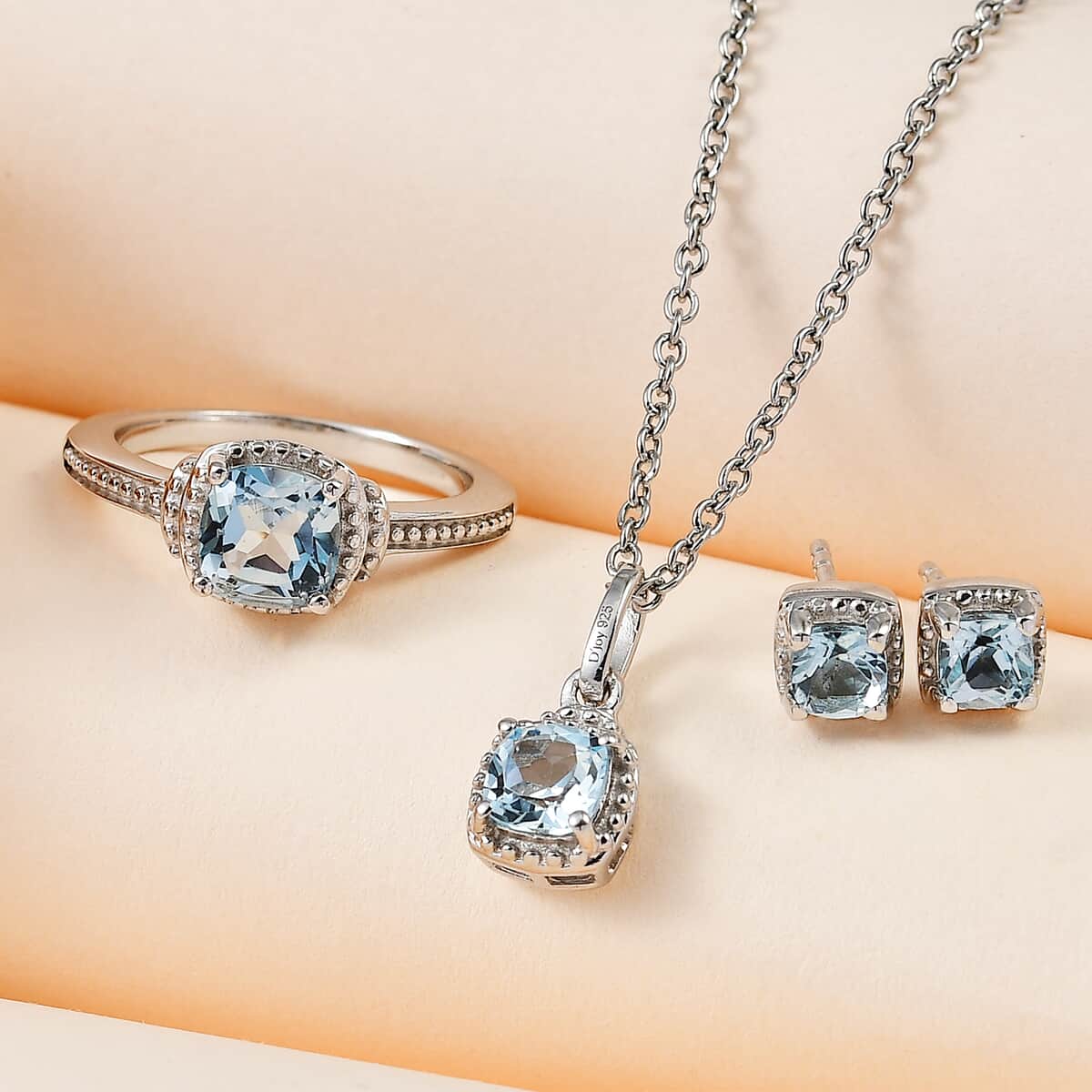 Premium Sky Blue Topaz Earrings, Ring (Size 5.0) and Pendant in Platinum Over Sterling Silver with Stainless Steel Necklace 20 Inches 2.65 ctw image number 1