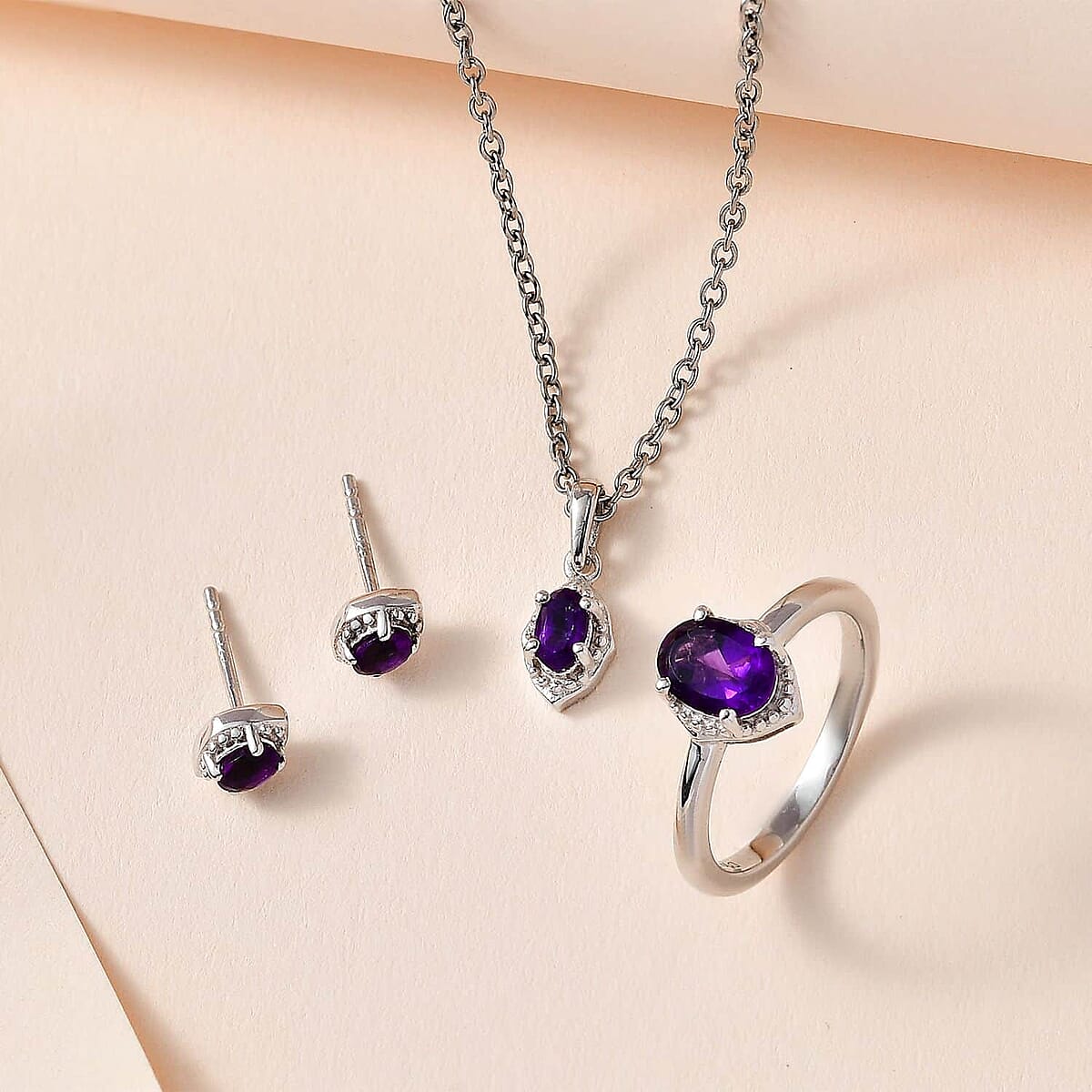 Premium African Amethyst Earrings, Solitaire Ring (Size 5.0) and Pendant in Platinum Over Sterling Silver with Stainless Steel Necklace (20 Inches) 1.35 ctw image number 1