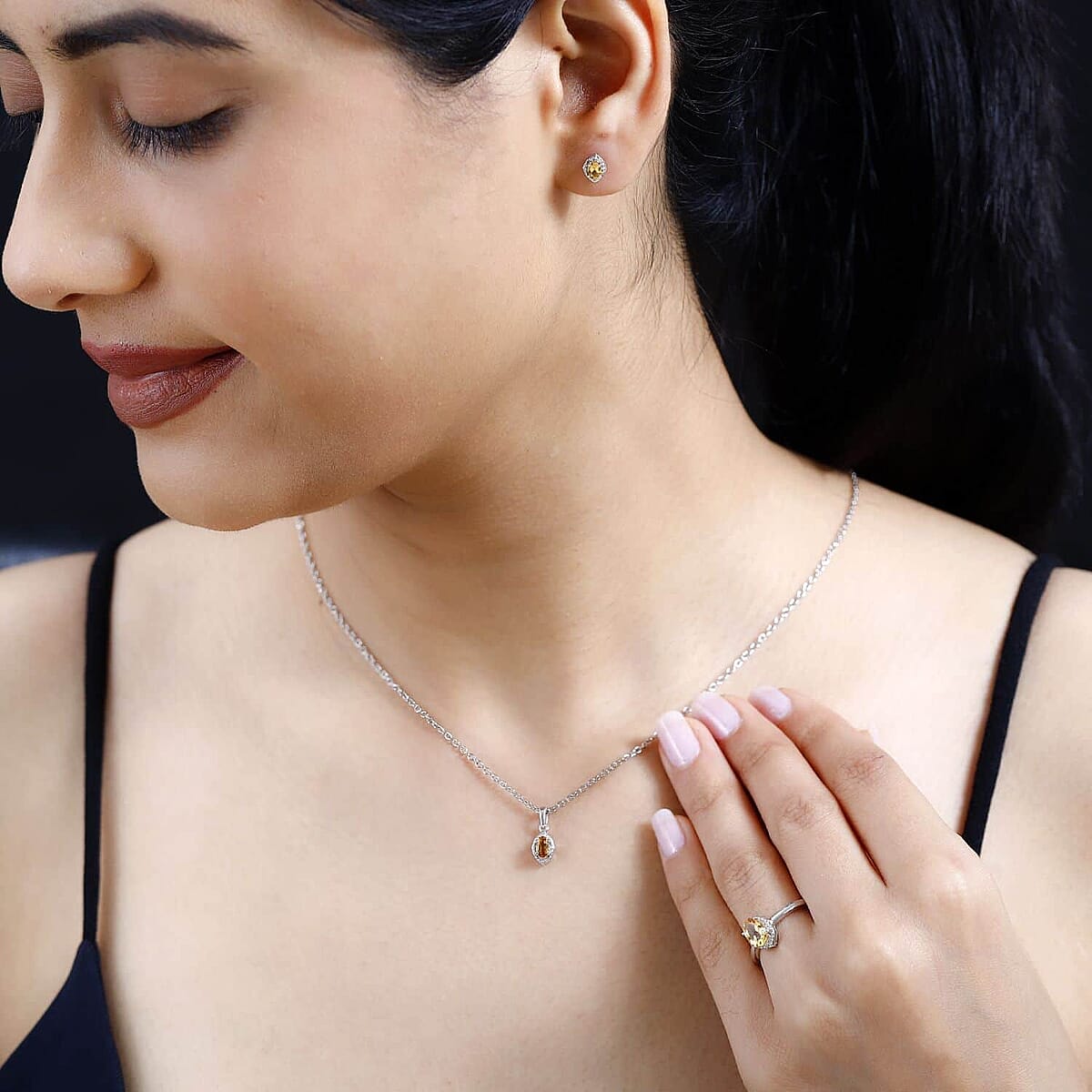 Premium Brazilian Citrine Earrings, Solitaire Ring and Pendant Jewelry Set in Platinum Over Sterling Silver with Stainless Steel Necklace, Birthstone Jewelry Set 20 Inches 1.25 ctw image number 3