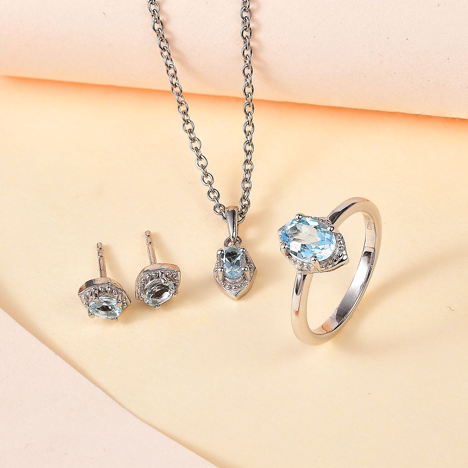 Premium Sky Blue Topaz Earrings, Ring (Size 5.0) and Pendant in Platinum Over Sterling Silver with Stainless Steel Necklace 20 Inches 1.15 ctw
