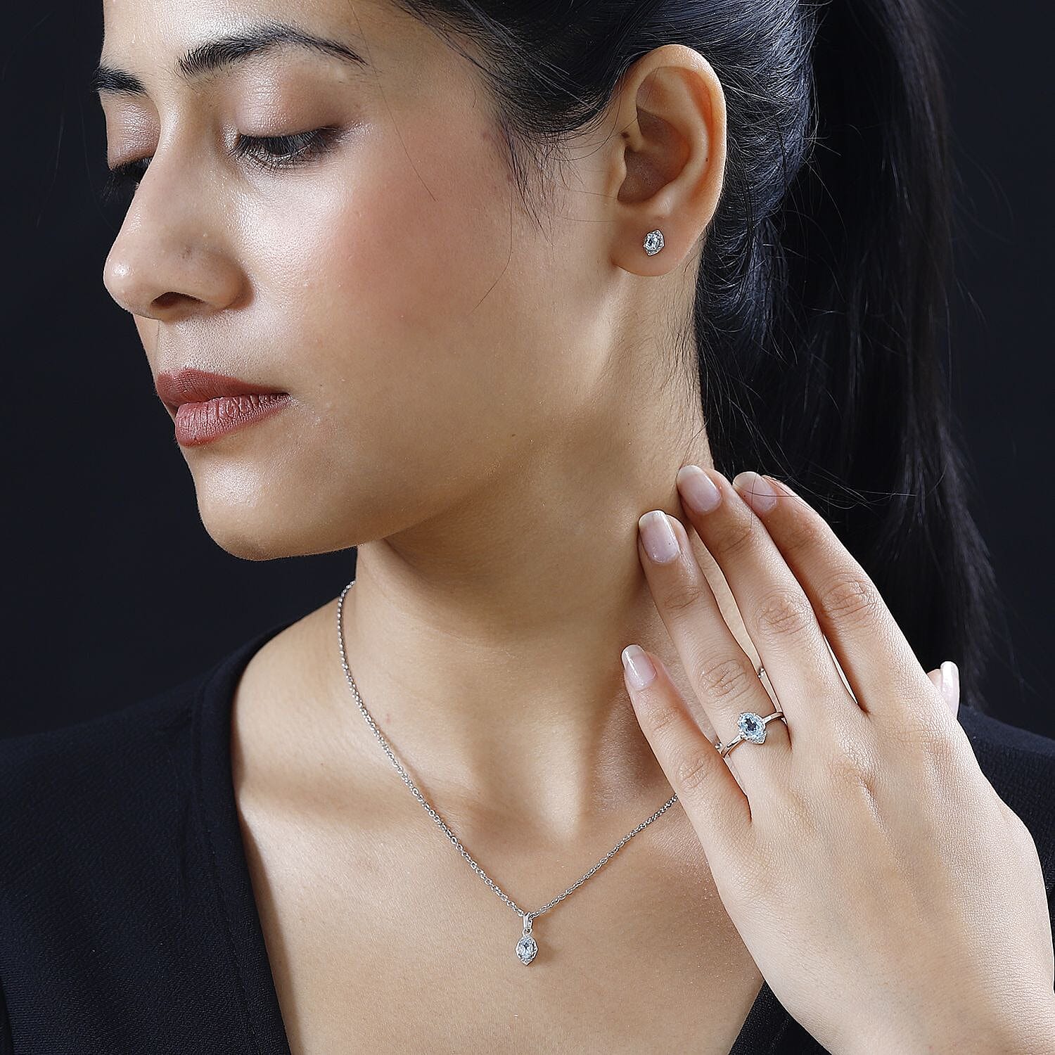 Premium Sky Blue Topaz Earrings, Ring (Size 5.0) and Pendant in Platinum Over Sterling Silver with Stainless Steel Necklace 20 Inches 1.15 ctw