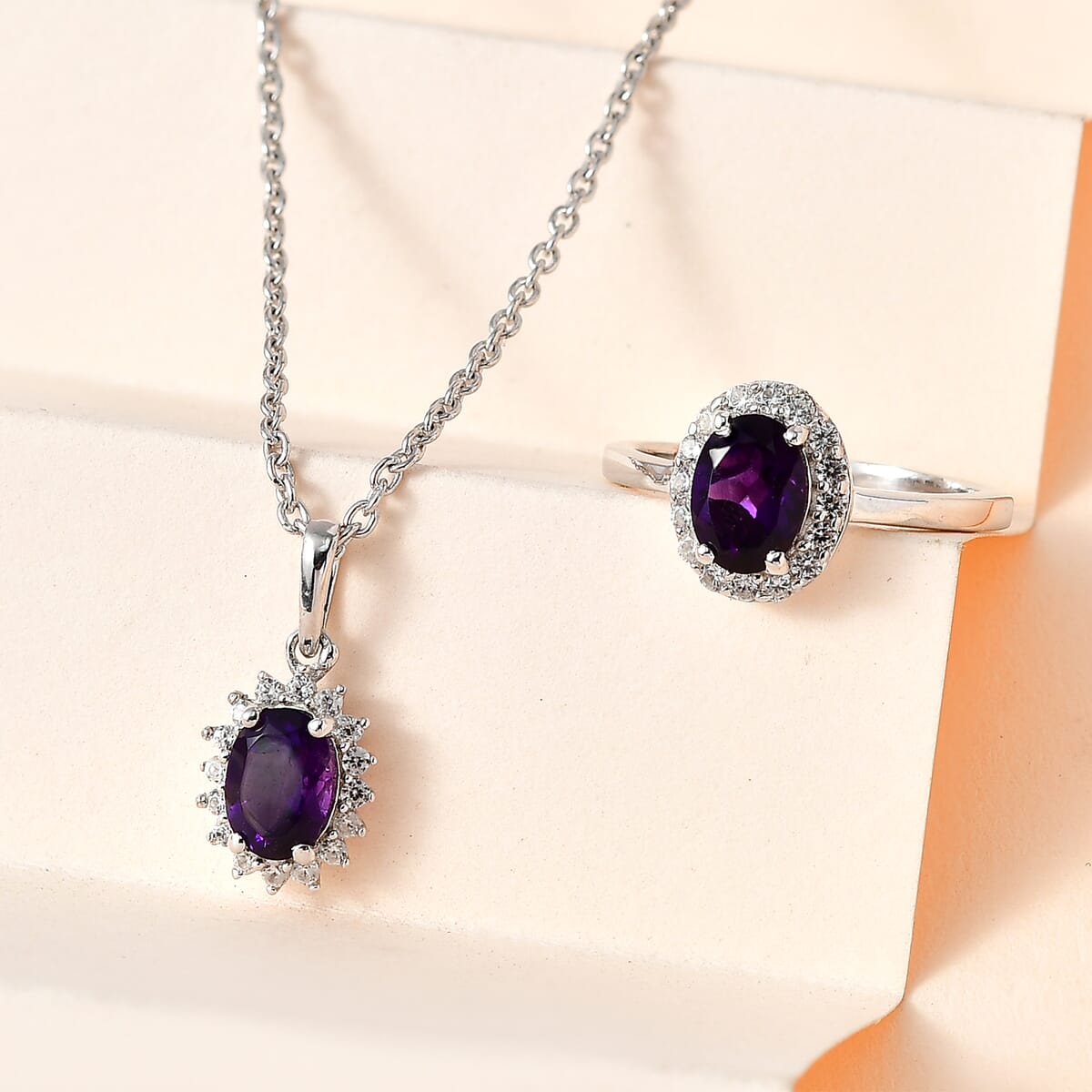 Premium African Amethyst, White Zircon Ring (Size 5.0), Pendant Necklace (20 Inches) in Platinum Over Sterling Silver 1.90 ctw image number 1