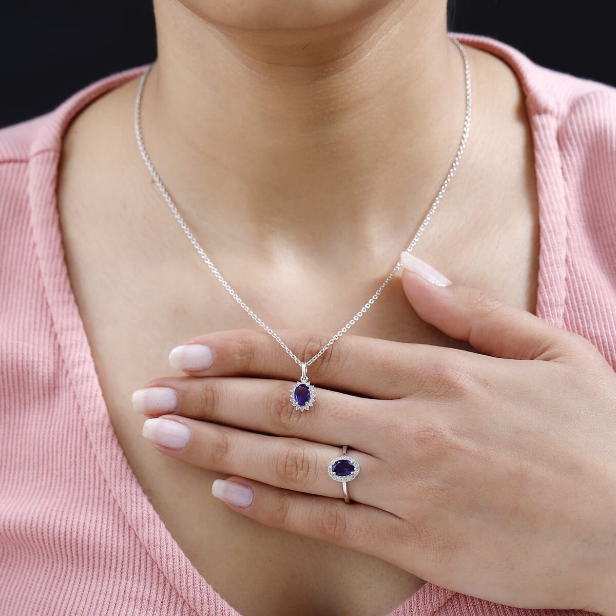 Premium African Amethyst, White Zircon Ring (Size 5.0), Pendant Necklace (20 Inches) in Platinum Over Sterling Silver 1.90 ctw image number 2
