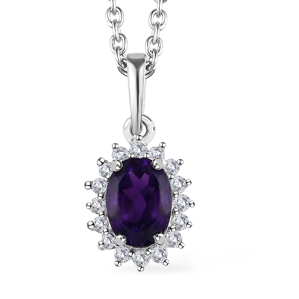 Premium African Amethyst and White Zircon Ring (Size 5.0) and Pendant Necklace 20 Inches in Platinum Over Sterling Silver 1.90 ctw